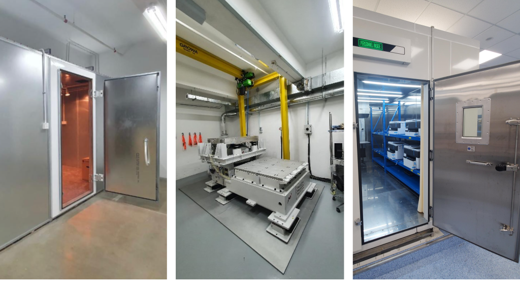 Examples of Beyondsoft marketing claims validation test lab equipment including: WiFi walk-in chamber, vibration machine, and climatic walk-in chamber